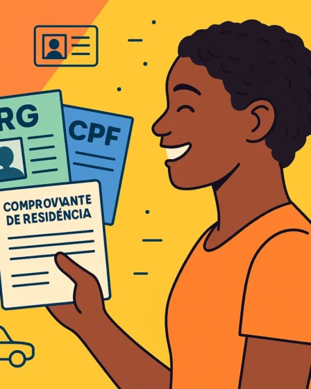 Pessoa sorridente segurando documentos como RG, CPF e comprovante, com ícones de veículos e certificados ao fundo, representando CNH Social.
