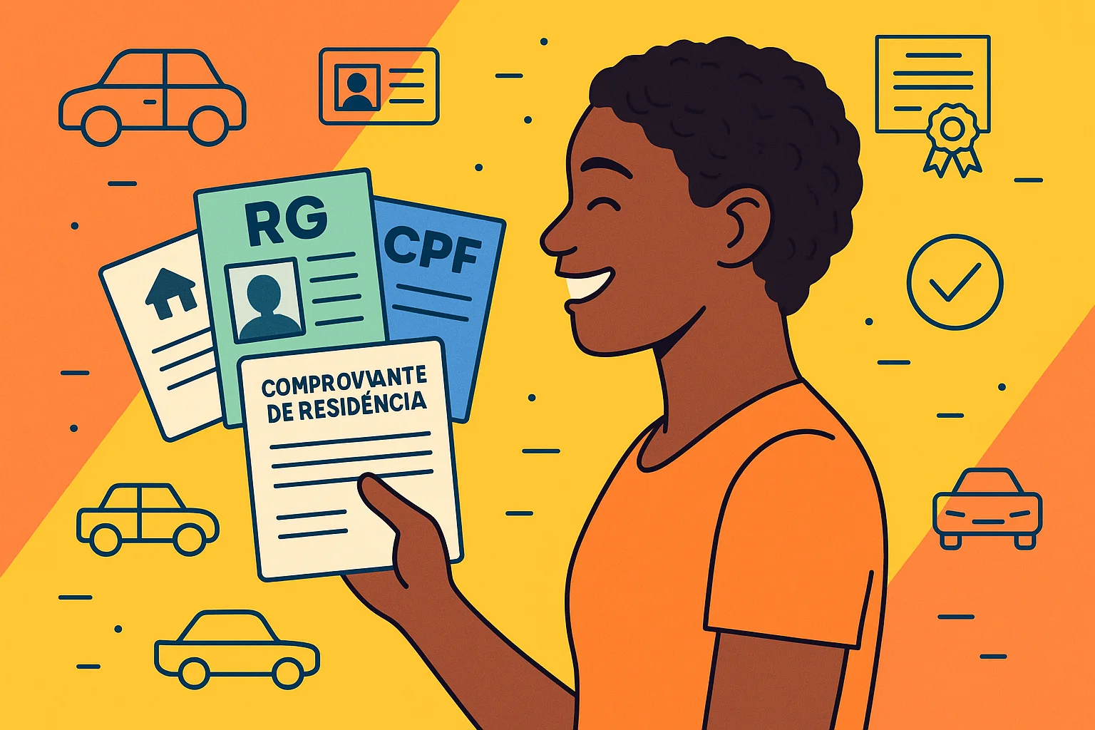 Pessoa sorridente segurando documentos como RG, CPF e comprovante, com ícones de veículos e certificados ao fundo, representando CNH Social.