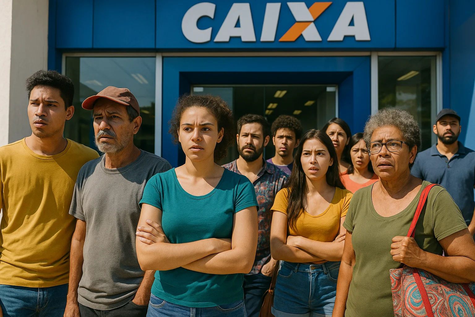 Filas de trabalhadores aguardando na agência da Caixa para sacar o PIS/Pasep, com rostos de expectativa e ansiedade.